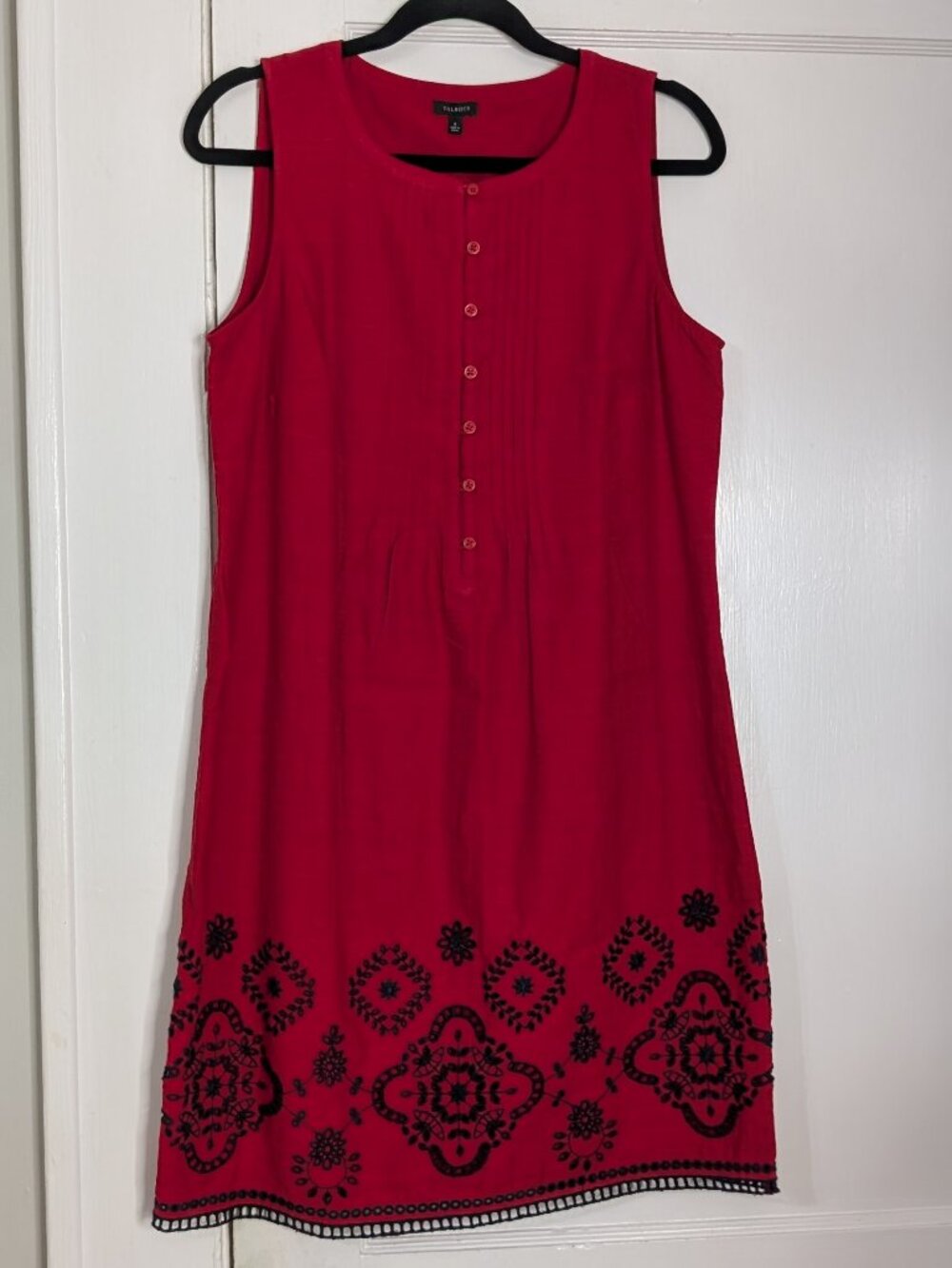 Talbots Women's 6 Red Embroidered Hem Lined Midi Dress Linen Sleeveless Summer